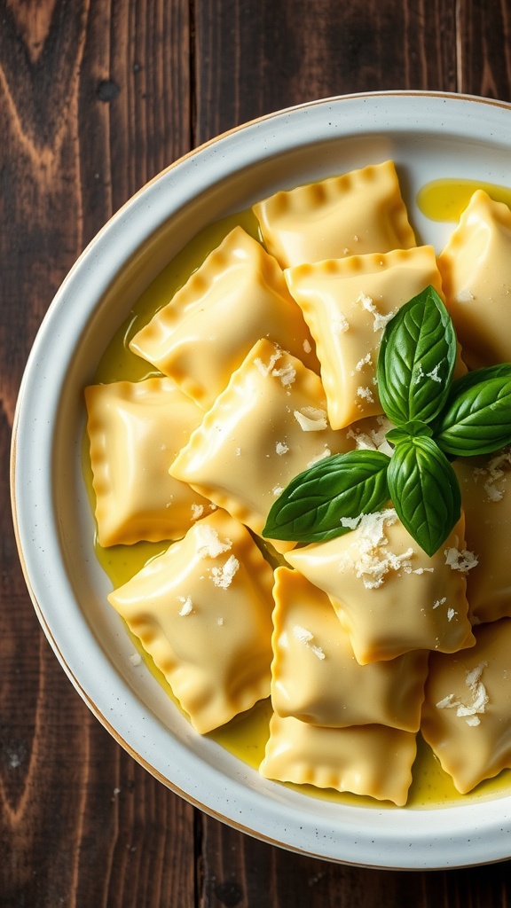 Plate of homemade spinach and ricotta ravioli drizzled with olive oil and garnished with basil.